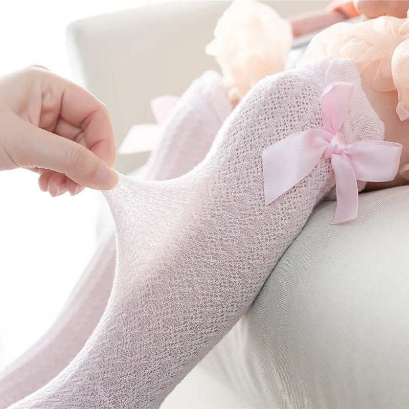 1 Pairs For Baby Girls Socks Summer Kids Knee High Long Sock Children Bow Tie Out Cotton Mesh Socks Infant Thin Soft Solid Socks