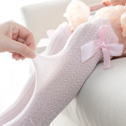 1 Pairs For Baby Girls Socks Summer Kids Knee High Long Sock Children Bow Tie Out Cotton Mesh Socks Infant Thin Soft Solid Socks