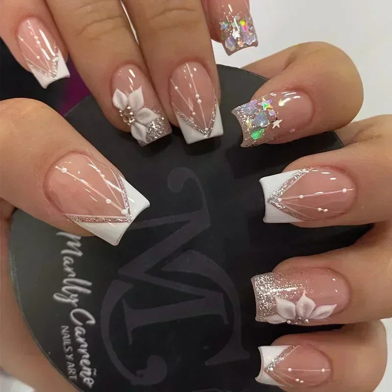 24Pcs French Tip  Press on Nails Short Coffin False Nails Simple Wearable Fake Nails Frosted Full Cover Press on Nail Tips Art