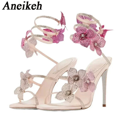 Aneikeh Sexy CRYSTAL Flower Narrow Band Ankle Strap Sandals Woman Thin High Heels Street Style  Pole Dancing Ladies Shoes