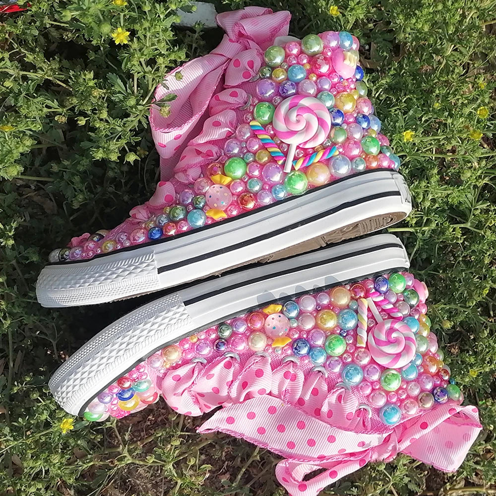 Handmade Rhinestones Bling Girls Womens Kids And Mother Candy Canvas Shoes