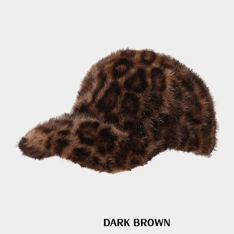Leopard Print Baseball Cap Women Plush Faux Fur Keep Warm Winter Women's Cap Outdoor Vintage