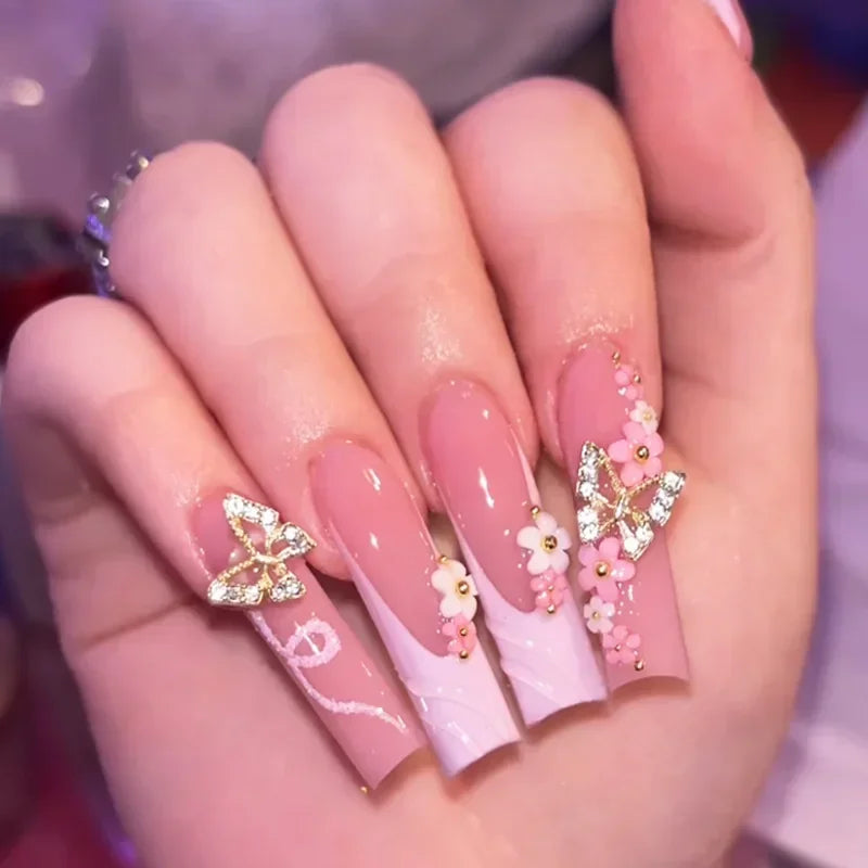 24Pcs Long Ballet False Nails Pink Butterfly with Rhinestones French Design Wearable Fake Nails Glitter Press on Nails Tips Art