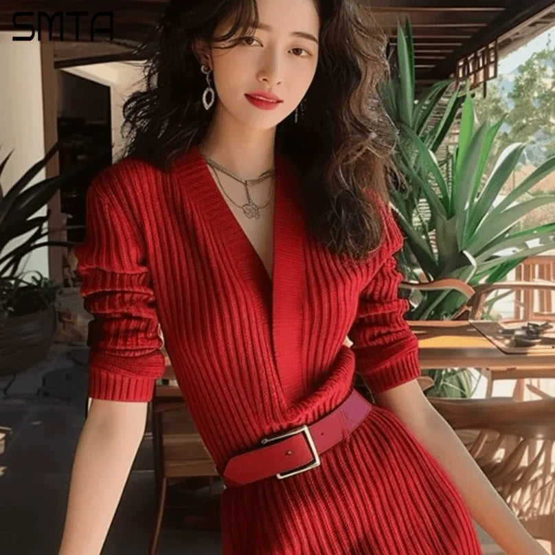 Red Knitted Sweater Dresses for Women V-Neck Long Sleeve Belted Night Club Party Dress Autumn