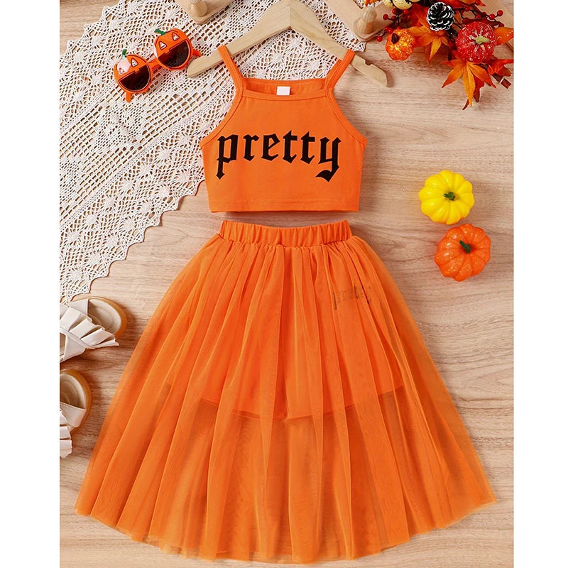 5-14 Years Teenagers Girls Clothing Sets Summer New Cotton Fashion Top + Mesh Skirt Two Piece Set