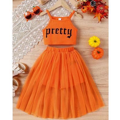 5-14 Years Teenagers Girls Clothing Sets Summer New Cotton Fashion Top + Mesh Skirt Two Piece Set