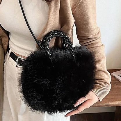 Cute Pumpkin Bag Faux Fur Tote Bag Women's Bucket Plush Luxury Design Ladies Handbags Soft Winter Sweet Girl Handbag