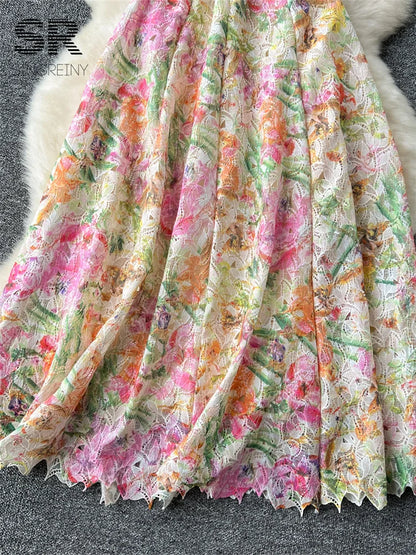 SINGREINY Floral Print Strap Dress Women French Style Hollow Out Zipper Design Ladies Summer Mesh Elegant Vacation Maxi Dress