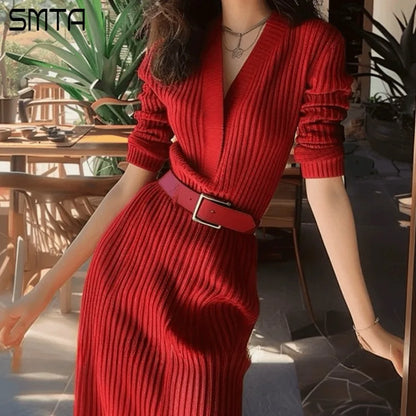 Red Knitted Sweater Dresses for Women V-Neck Long Sleeve Belted Night Club Party Dress Autumn
