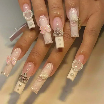 24Pcs Long Ballerina False Nails Press on Nails Serpentine Flower with Rhinestones French Fake Nails Wearable White Nail Tips
