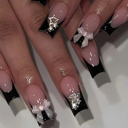 24Pcs White Butterfly False Nails Long Ballet Coffin Pearls with French Design Wearable Fake Nails Full Cover Press on Nail Tips