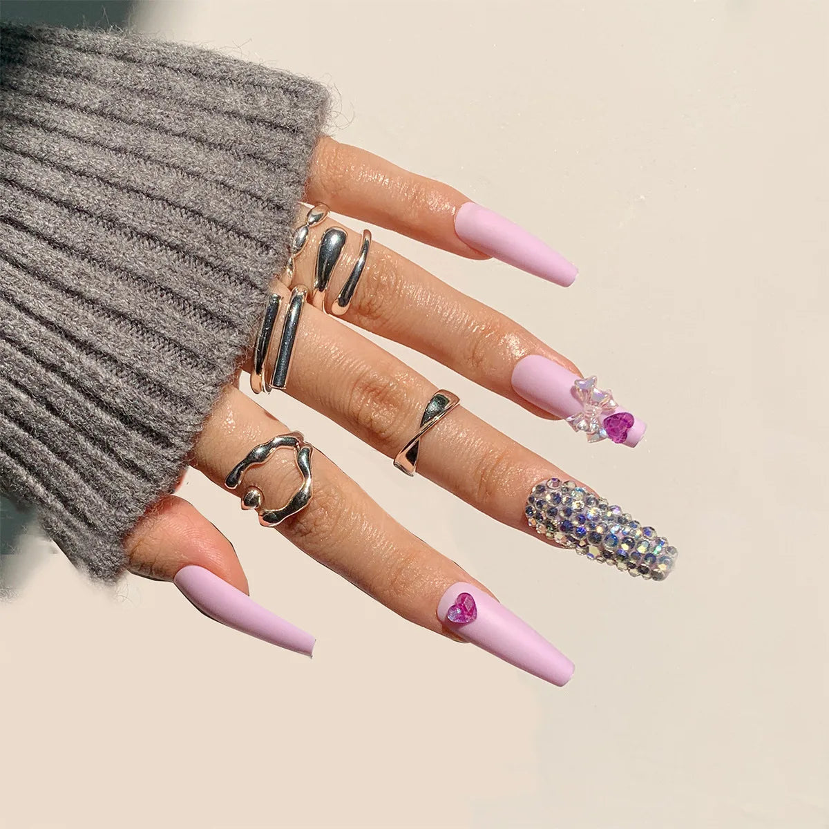 24Ps Super Long Ballet Wearable Fake Nails Blue Diamond Small Flower Press on Nail Stickers Finished Removable False Nail Pieces