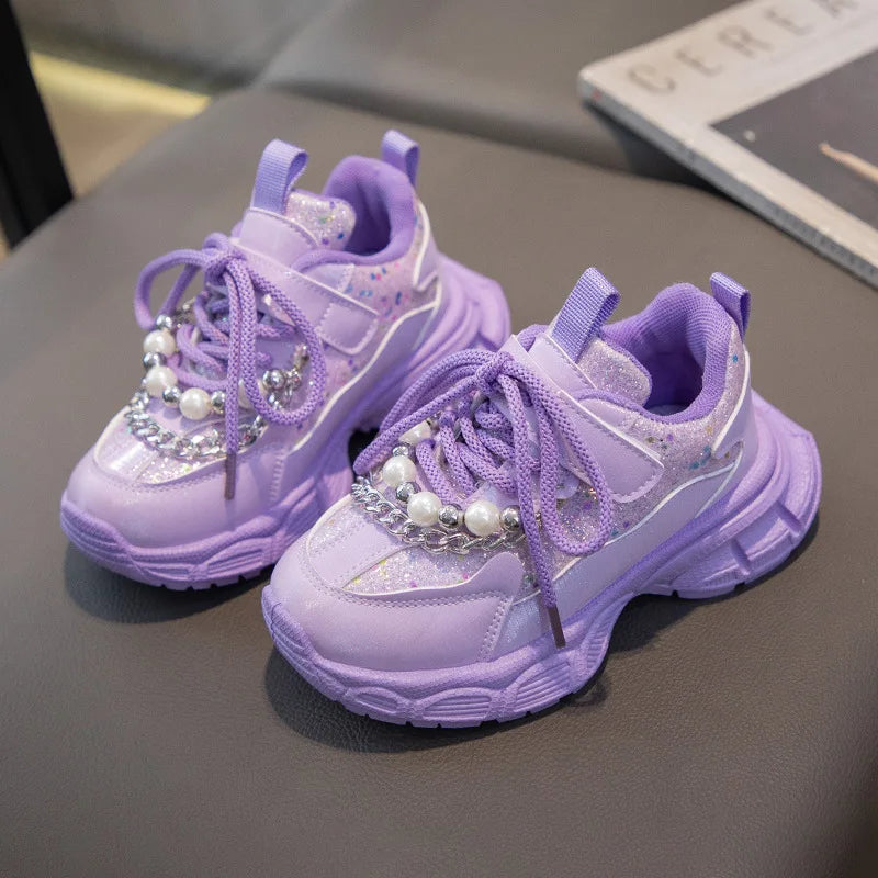 Kids Sneakers 2025 Girls Spring Fashion Shiny with Pearl Running Sport Shoes Children Non-slip Trainers Student Casual Sneakers