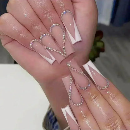 24Pcs White French False Nails Long Ballet Fake Nail with Pearl Bow Flower Design Press on Nails Pink Wearable Square Nails Set