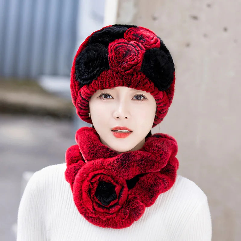 2025 Hot Sale Women Winter Fur Hat Scarf Sets Natural Warm Real Rex Rabbit Fur Cap Scarves Lady Knitted Genuine Fur Hats Muffler