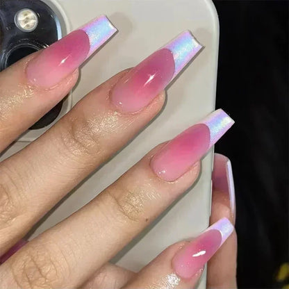24Pcs Long Ballet False Nails Pink Butterfly with Rhinestones French Design Wearable Fake Nails Glitter Press on Nails Tips Art
