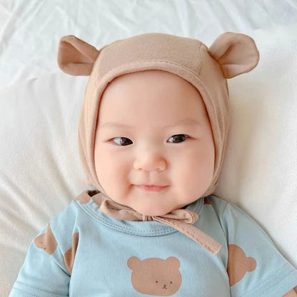 Cute Bear Ear Baby Beanie Cap Soft Cotton Newborn Ear Protection Hat Korean Solid Color Infant Boy Girl Lace-up Bonnet