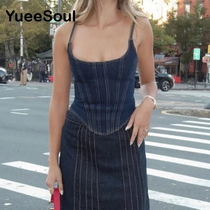 Blue Denim Crop Tops Sleeveless Slim Sexy Women Tank Top