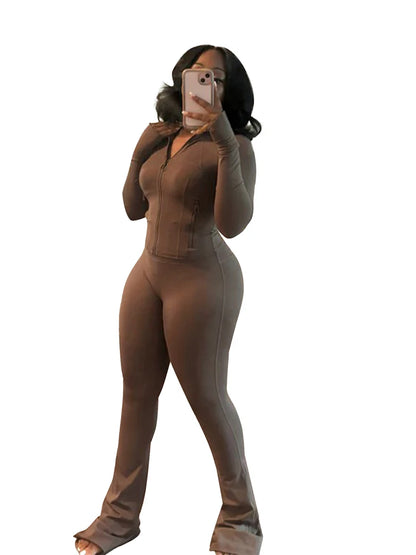 Women Clothes Two Piece Flared Pants Tracksuits Set