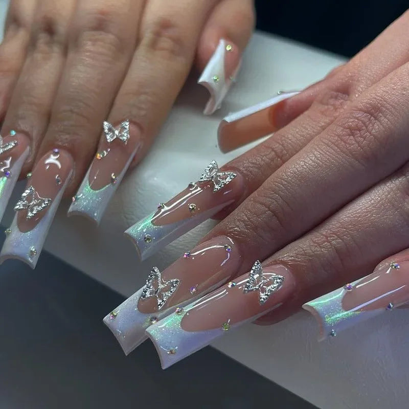 24Pcs Simple White French Press on Nails with Glue Long Ballet False Nails Wearable Coffin Fake Nails Full Cover Nail Tips