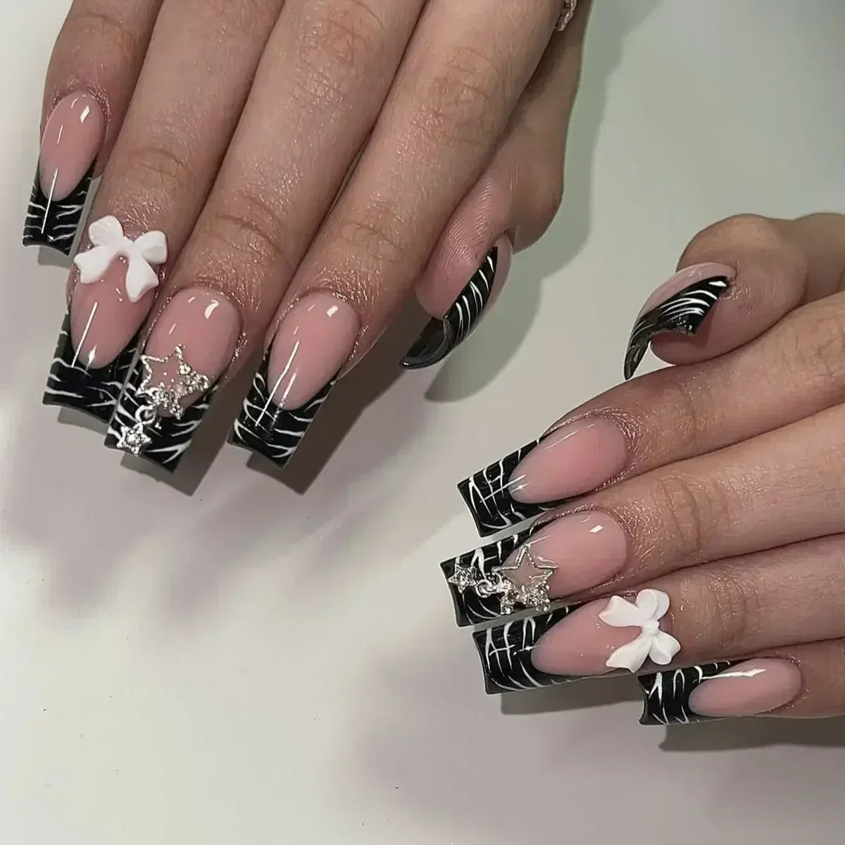 24Pcs Full Cover False Nails with Glue Long Square Coffin Fake Nails French Detachable Ballet Love Pattern Design Press on Nails