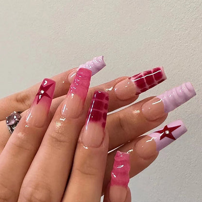 24Pcs Leopard Print Design False Nails with Bow Rhinestone Long Square Press on Nails Wearable French Ballet Fake Nail Tips