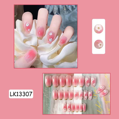 24Pcs New White Daisy Fake Nails Short Simple Detachable Wearable Armor Wearing Reusable False Nails Ballerina Press on Nail Set