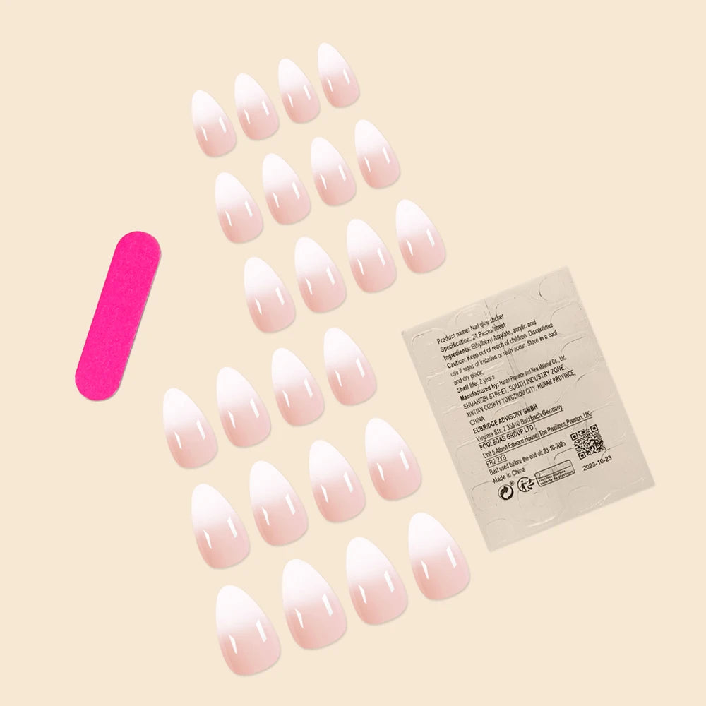24Pc Short Size French Oval White Gradient Minimalist style Women Full Coverage Wearable Fake Nails Set