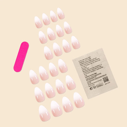 24Pc Short Size French Oval White Gradient Minimalist style Women Full Coverage Wearable Fake Nails Set