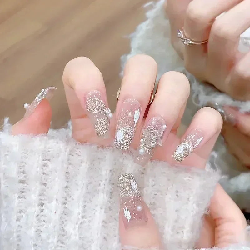 24pcs Detachable Short Press on Nails Y2k rhinestone False Nails with Glue Ballet Sweet Cool Girls Artificial False Nails Tips
