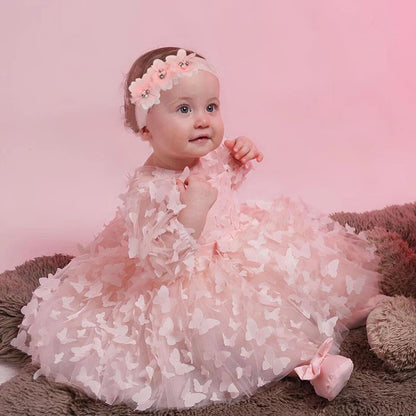 0-24M Baby girl dress full moon baptism dress mesh fluffy princess dress three-dimensional flower bow