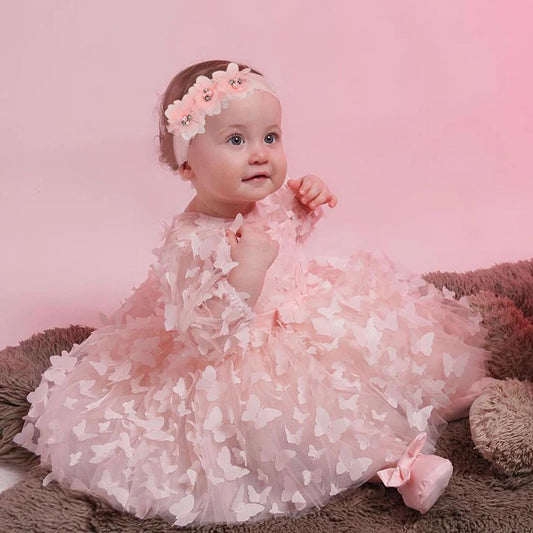 0-24M Baby girl dress full moon baptism dress mesh fluffy princess dress three-dimensional flower bow
