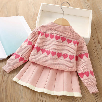 Girls' Sweater Suit Winter New Baby Girls' Knitted Set Long-sleeved Love Knitting Sweater+Skirt Two-piece Suit