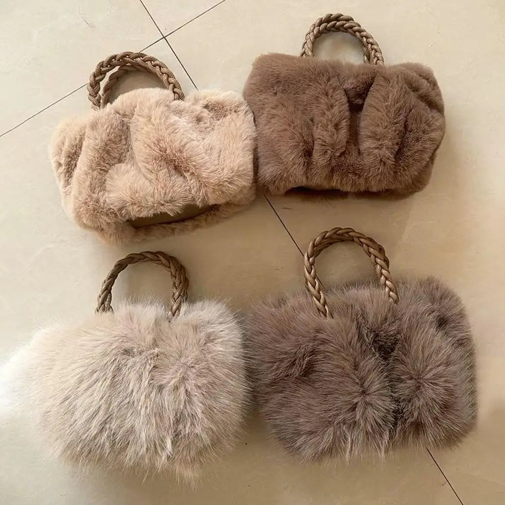 Cute Pumpkin Bag Faux Fur Tote Bag Women's Bucket Plush Luxury Design Ladies Handbags Soft Winter Sweet Girl Handbag