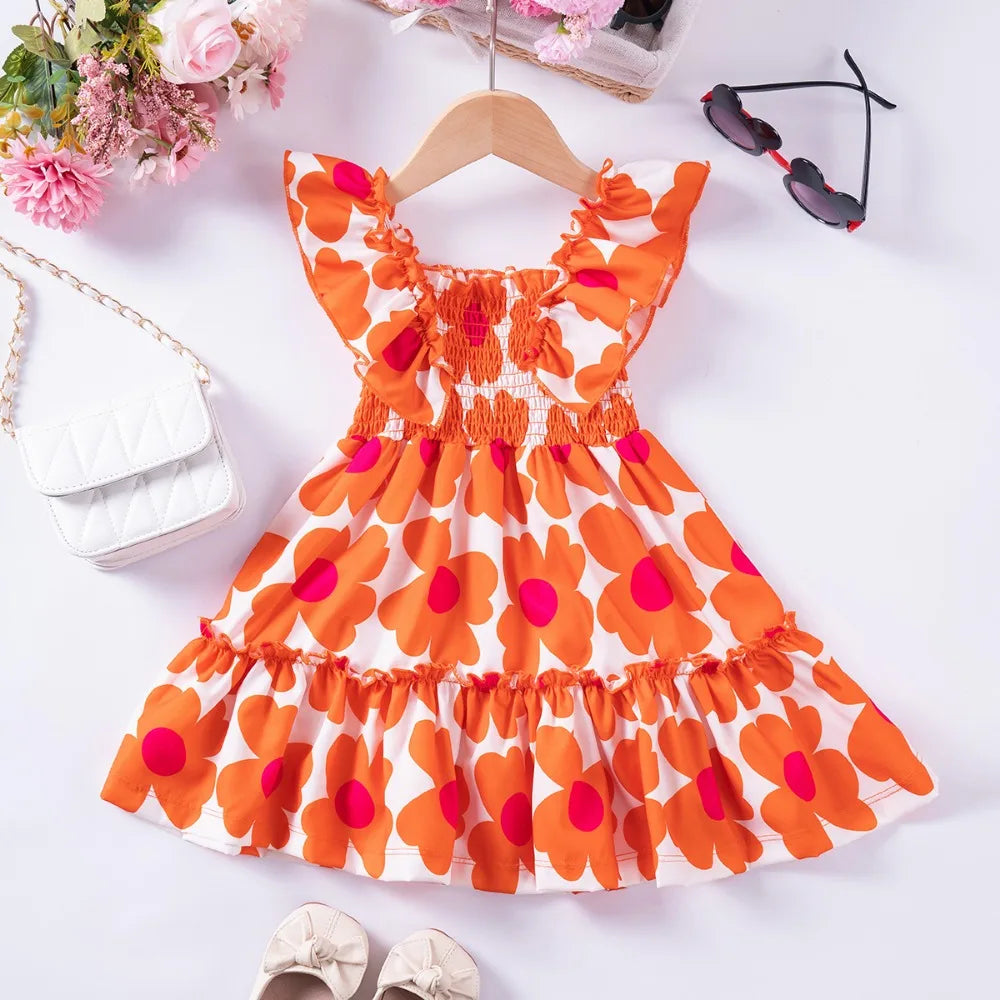 Summer New Kids Dresses for Girls Floral Fly Sleeve Sleeveless Princess Dress Cute Sweet Lovely Fashion Versatile