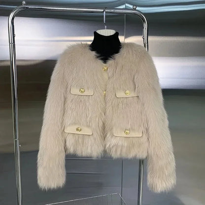Autumn Winter Short Faux Fur Ladies Coat Round Neck Long Sleeves Fur
