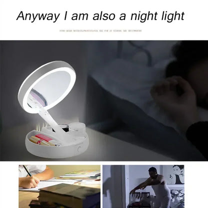 10x Magnifying Makeup Mirror With Light White LED Folding Portable Rotating Double Side Storage Tabletop Batteries USB Charging