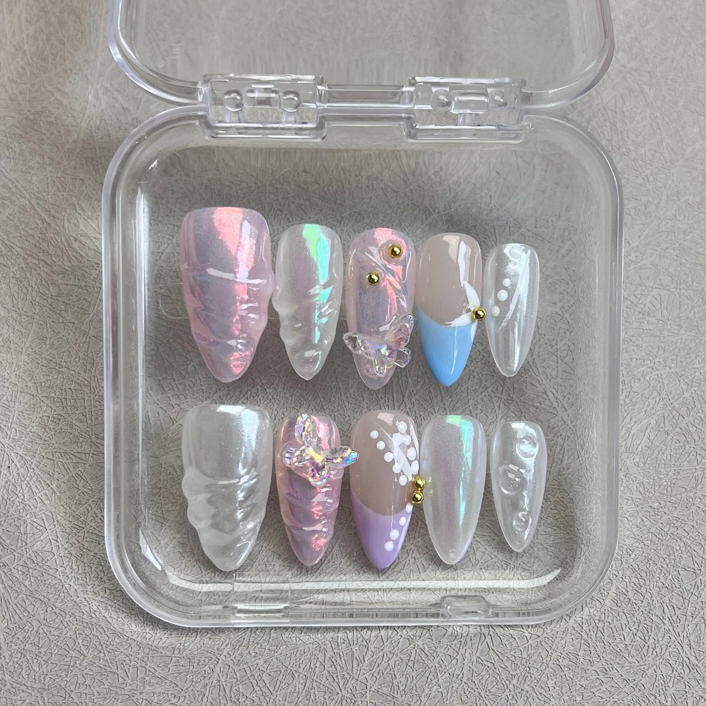 10pcs Handmade Press on Nails 3D Colorful Aurora Butterfly Design