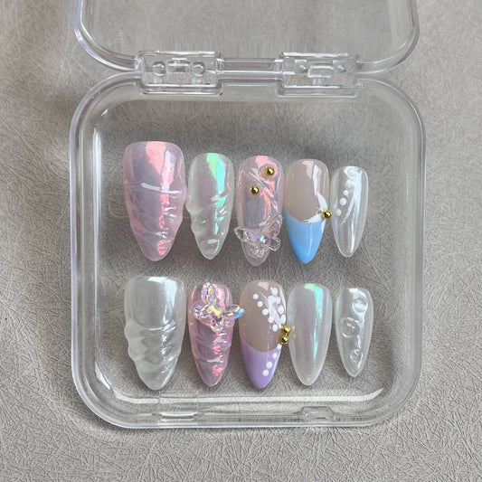 10pcs Handmade Press on Nails 3D Colorful Aurora Butterfly Design
