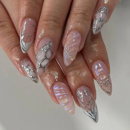24Pcs Gradient Pink Fake Nails Long Almond False Nails with Pearl Sparkling Design Press on Nails Wearable Manicure Nail Tips