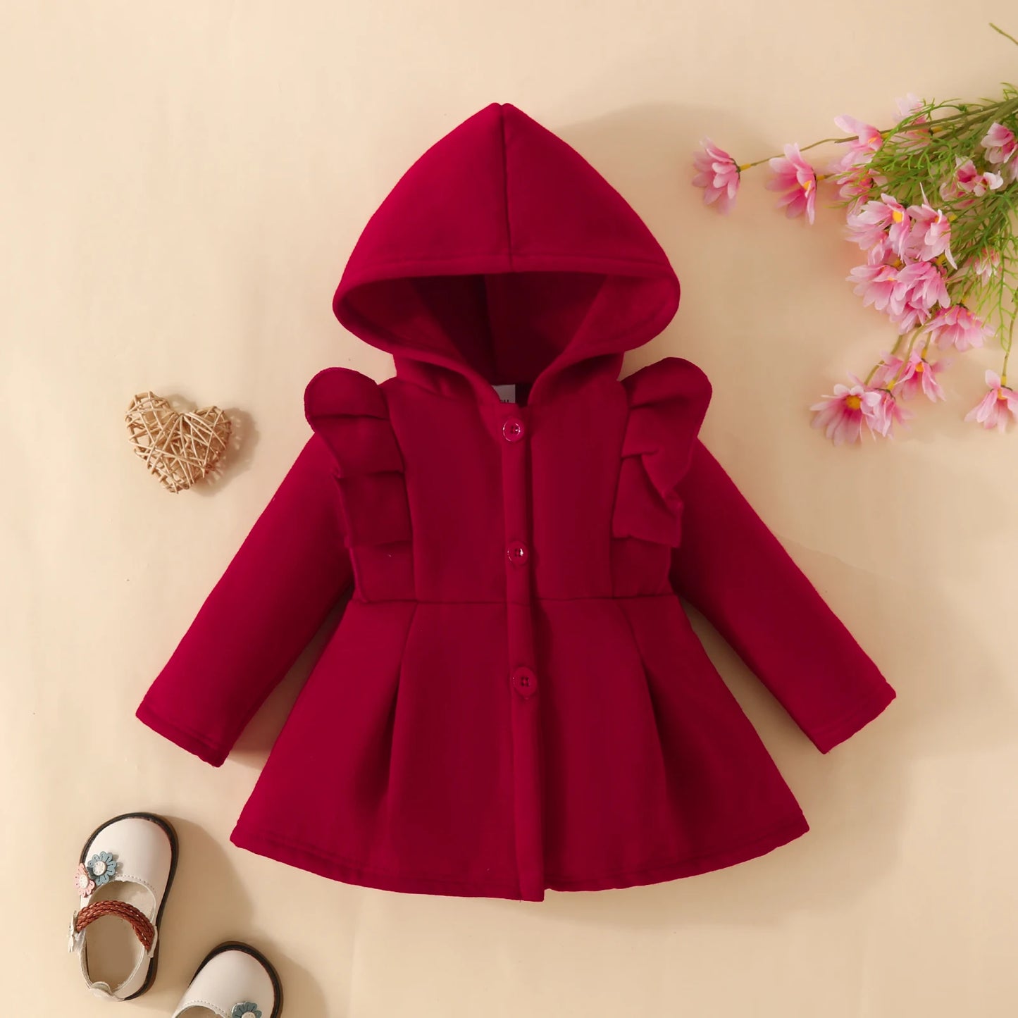 Baby Girl Ruffled Long Sleeve Fleece Hooded Single Breasted CoatKids Clothes