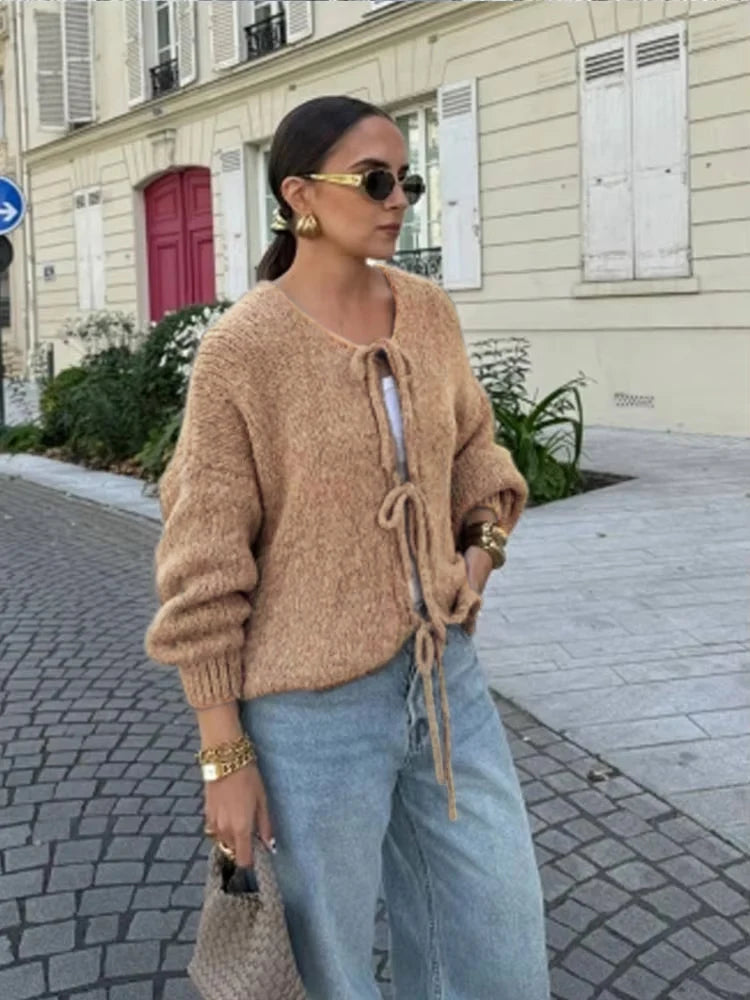 Casual Brown Lace Up Bow Knitted Cardigan O-neck Long Sleeve Sweater