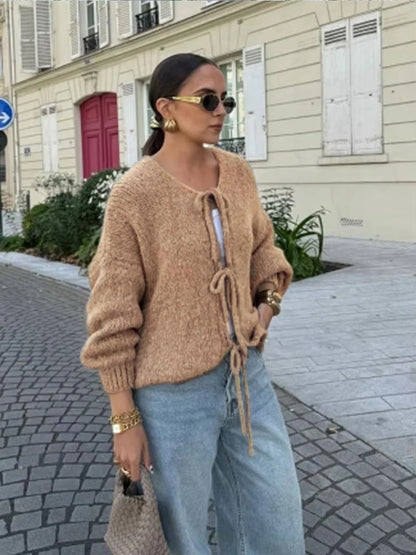 Casual Brown Lace Up Bow Knitted Cardigan O-neck Long Sleeve Sweater