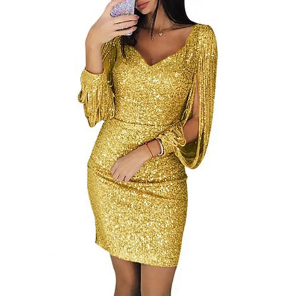 Women Dress Solid Color Long Tassel Sleeves V Neck lady Mini Dress Summer Sequins Glitter Party Slim Fit Dress Female Clothing