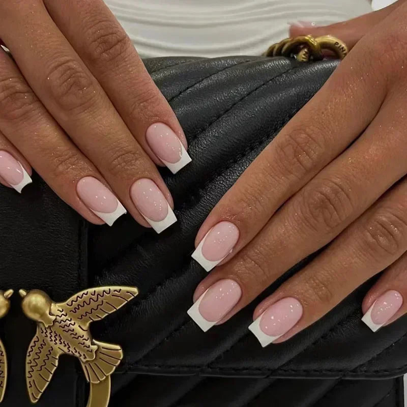 24Pcs French Tip  Press on Nails Short Coffin False Nails Simple Wearable Fake Nails Frosted Full Cover Press on Nail Tips Art