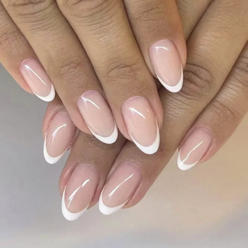 24Pcs Mid-length False Nails with Almond Head Design Brown Gold Lines Fake Nails Oval Wearable French Press on Nail Tips