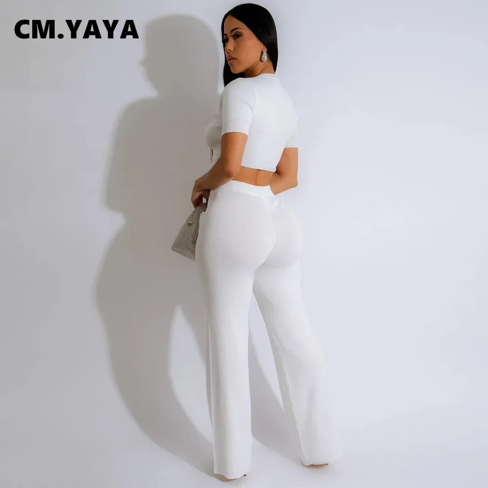 Women's Short Sleeve Diamonds Bowknot O-neck Tops +Wide Leg Pants Suits