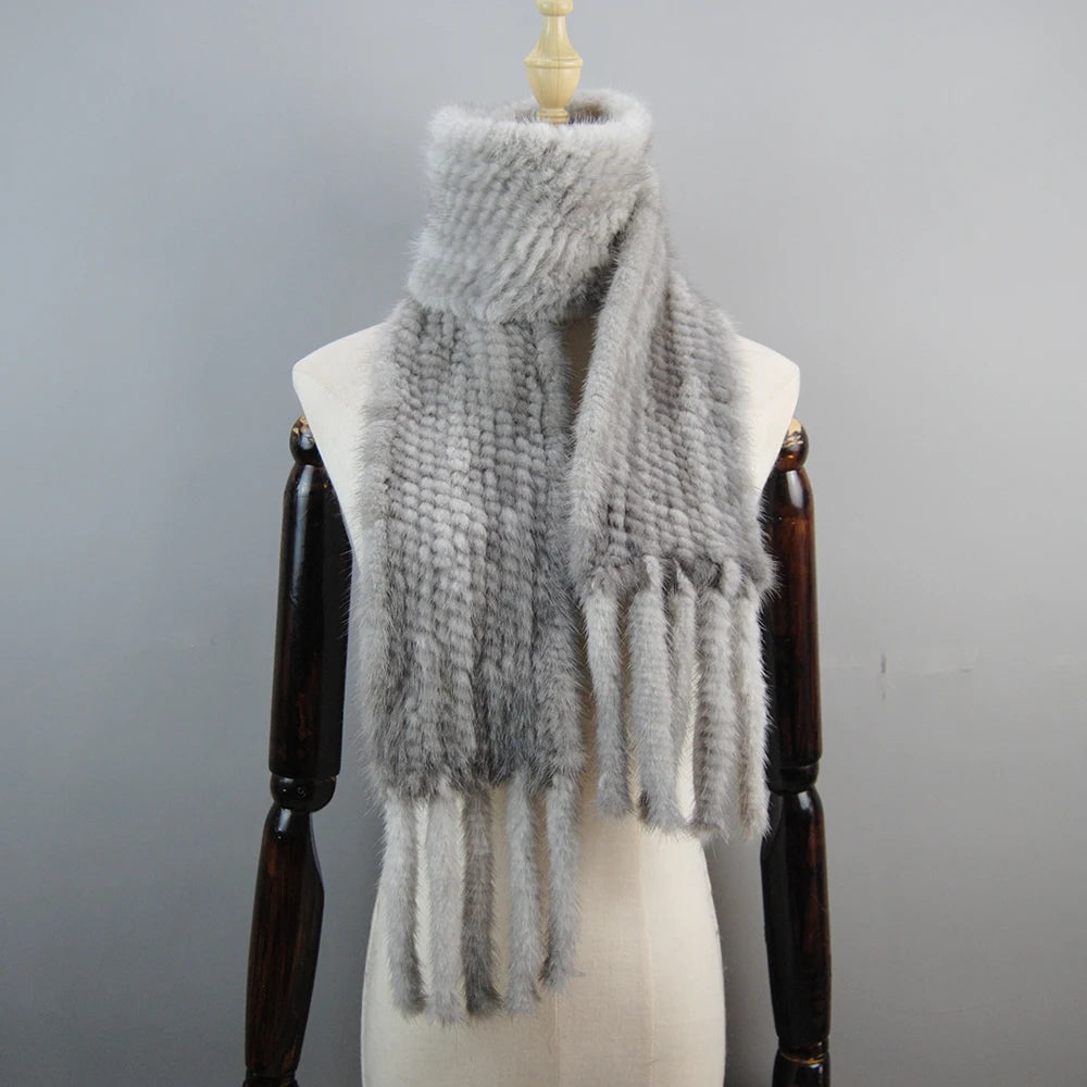 2025 Luxury Women Muffler 100% Real Mink Fur Scarf With Tassel Hand Knitted Natural Mink Scarves Neck Warmer Poncho Wholesale