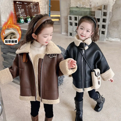 New Winter Boys and Girls' Cool Handsome Standing Neck Motorcycle Jacket with Thickened PU Leather Lamb Fleece Coat for Children