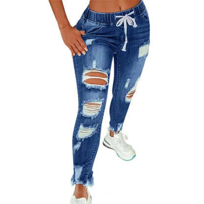 Stretchy Ripped Hole Jeans Women  Straight Denim Trousers High Waist